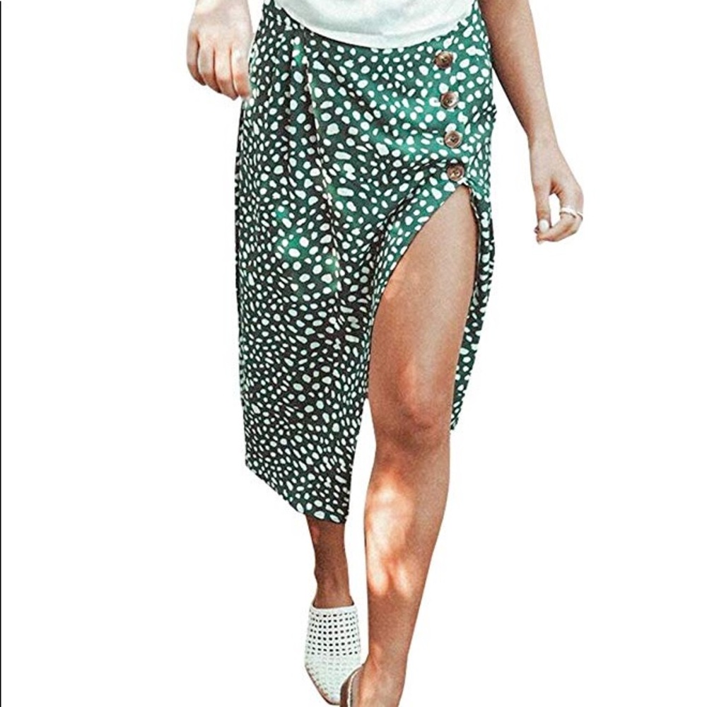 High Waist Split Midi Skirt Button Green Print